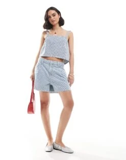 Mango Pinstripe Denim Cami Top And Shorts Co-ord Set In Light Blue