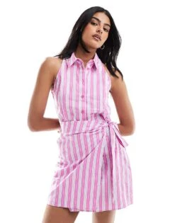 Mango Stripe Tie Front Mini Dress In Pink For Women -Mango Sales 206846793 4