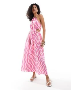Mango Wave Stripe Halter Midi Dress In Pink For Women