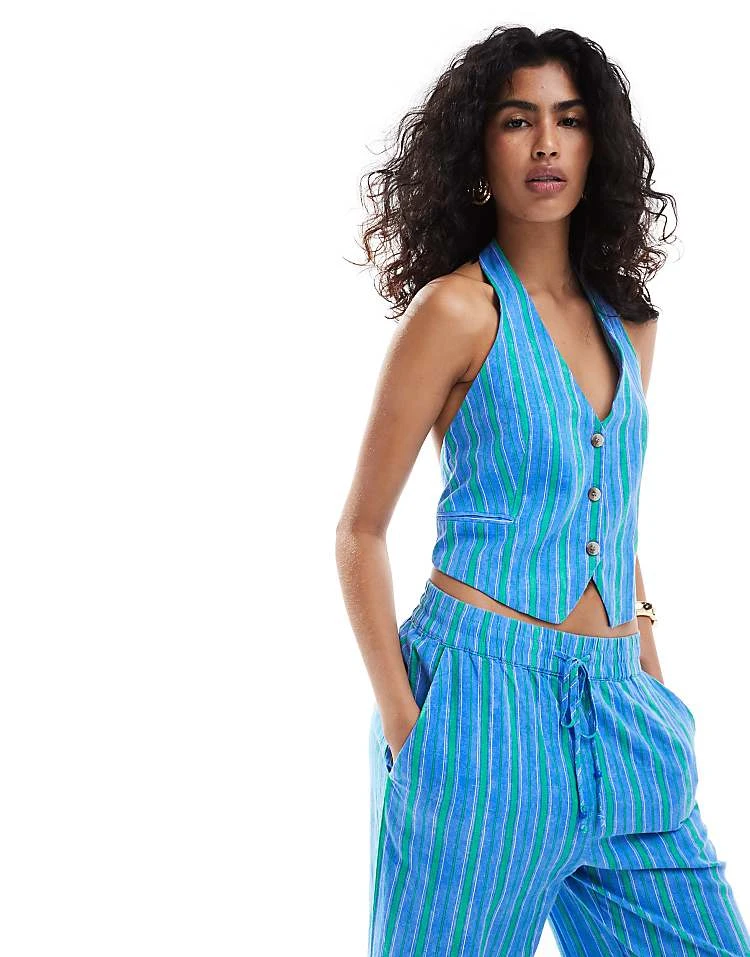 Mango Striped Halter Co-ord Waistcoat In Blue For Women 1 Mango Striped Halter Co-ord Waistcoat In Blue For Women