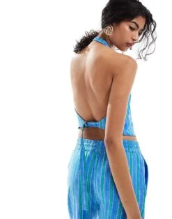 Mango Striped Halter Co-ord Waistcoat In Blue For Women 8 Mango Striped Halter Co-ord Waistcoat In Blue For Women -Mango Sales 206846810 4