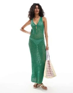 Mango Tie Front Midi Crochet Dress In Green For Women -Mango Sales 206846829 1 green 1