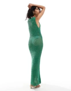 Mango Tie Front Midi Crochet Dress In Green For Women -Mango Sales 206846829 4