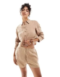 Mango Linen Relaxed Shirt & Short Co-ord In Tan