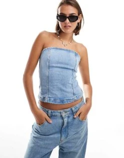 Mango Bandeau Denim Top In Light Blue For Women