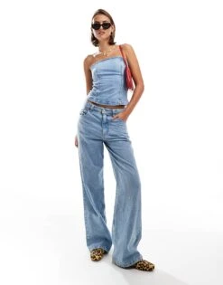 Mango Bandeau Denim Top In Light Blue For Women -Mango Sales 206846891 3