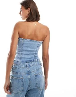 Mango Bandeau Denim Top In Light Blue For Women -Mango Sales 206846891 4