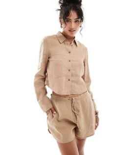 Mango Linen Relaxed Shirt & Short Co-ord In Tan -Mango Sales 206846903 1 tan 1