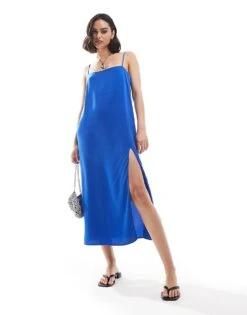 Mango Split Front Cami Midi Dress In Blue For Women -Mango Sales 206847045 1 blue 1