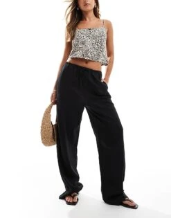 Mango Linen Straight Leg Relaxed Trousers In Black For Women