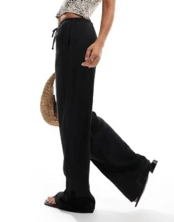 Mango Linen Straight Leg Relaxed Trousers In Black For Women -Mango Sales 206847069 4