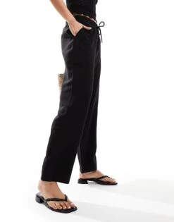 Mango Linen Look Cropped Relaxed Trousers In Black For Women -Mango Sales 206847076 4