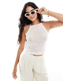 Mango Knitted Halter Crochet Top In White For Women