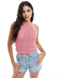 Mango Knitted Halter Crochet Top In Pink For Women