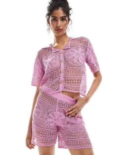 Mango Crochet Shirt And Shorts Co-ord Set In Pink -Mango Sales 206847360 1 pink