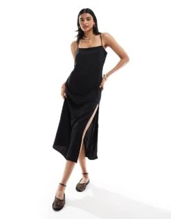 Mango Split Front Cami Midi Dress In Black For Women -Mango Sales 206847367 1 black 1