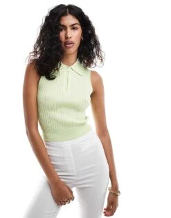 Mango Sleeveless Ribbed Knitted Polo Top In Lime Green For Women