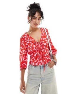 Mango Tie Front Floral Top In Red And Pink For Women