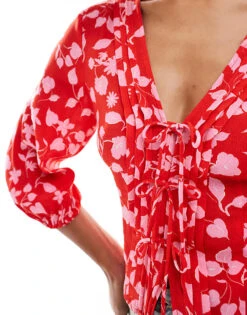 Mango Tie Front Floral Top In Red And Pink For Women -Mango Sales 206847635 4