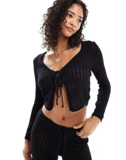 Mango Tie Knitted Co-ord Cardigan In Black For Women -Mango Sales 206847643 1 black 1