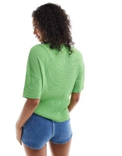 Mango Short Sleeve Knitted Top In Green For Women -Mango Sales 206847649 3