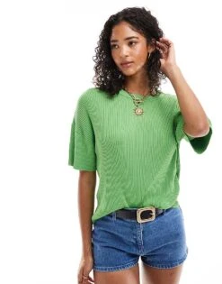 Mango Short Sleeve Knitted Top In Green For Women -Mango Sales 206847649 4