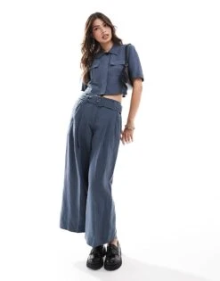Mango Open Tie Back Cropped Shirt And Belted Wide Leg Trousers Co-ord Set In Blue -Mango Sales 206847684 1 blue