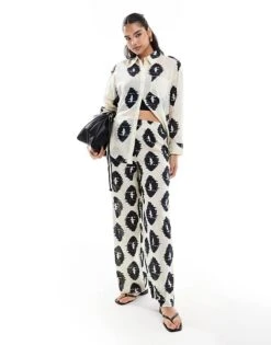 Mango Oversized Aztec Print Shirt And Straight Leg Trousers Co-ord Set In Beige -Mango Sales 206847703 1 beige