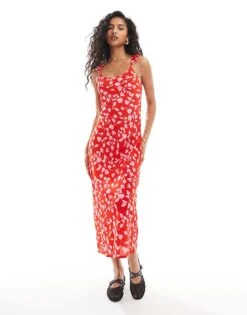 Mango Floral Print Cami Midi Dress In Red And Pink For Women