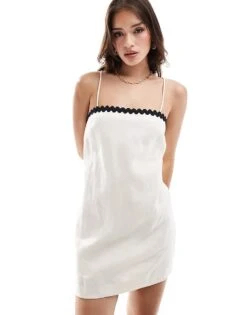 Mango Linen Contrast Trim Mini Dress In White For Women -Mango Sales 206847711 3