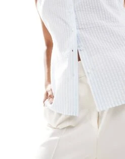 Mango Stripe Sleeveless Shirt In White And Blue For Women -Mango Sales 206847752 3