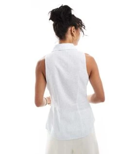 Mango Stripe Sleeveless Shirt In White And Blue For Women -Mango Sales 206847752 4