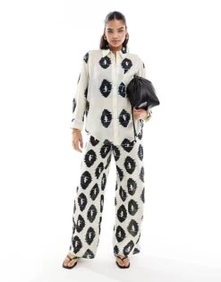 Mango Oversized Aztec Print Shirt And Straight Leg Trousers Co-ord Set In Beige