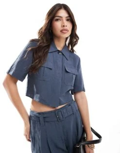 Mango Open Tie Back Cropped Shirt And Belted Wide Leg Trousers Co-ord Set In Blue -Mango Sales 206847855 1 blue