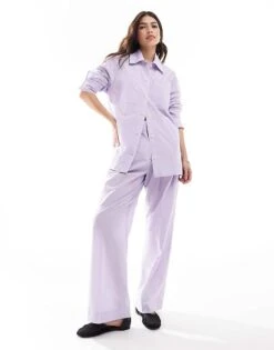 Mango Oversized Stripe Shirt And Trousers Co-ord Set In Lilac