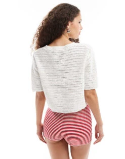 Mango Crochet Short Sleeve Knitted Top In White For Women -Mango Sales 206847948 4