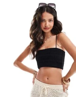 Mango Linen Mix Bandeau Cami Top In Black For Women -Mango Sales 206847957 1 black 1