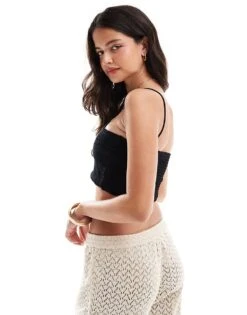 Mango Linen Mix Bandeau Cami Top In Black For Women -Mango Sales 206847957 2