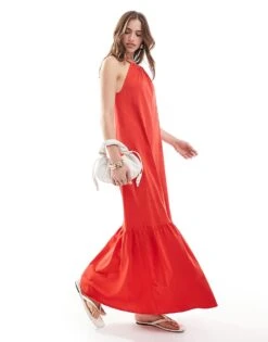Mango Halterneck Tiered Midi Dress In Red For Women