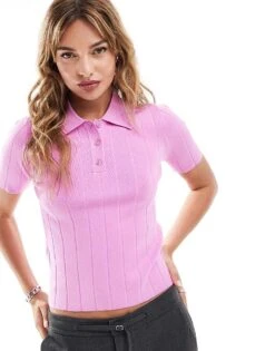 Mango Ribbed Detail Polo Top In Pink For Women -Mango Sales 206848108 1 pink 1