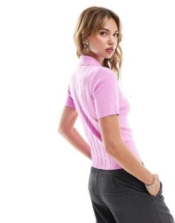 Mango Ribbed Detail Polo Top In Pink For Women -Mango Sales 206848108 4