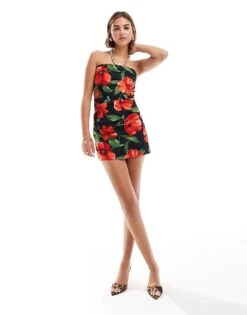 Mango Bandeau Flower Mini Dress In Black And Red For Women