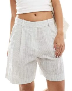 Mango Pinstripe Tailored Shorts In White For Women -Mango Sales 206848269 5