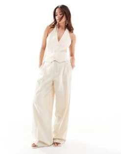 Mango Linen Mix Halterneck Waistcoat And Trousers Co-ord Set In Beige