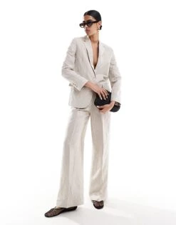 Mango Linen Mix Oversized Blazer And Straight Leg Trousers Co-ord Set In Beige