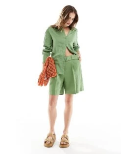 Mango Linen Shirt And Shorts Co-ord Set In Green