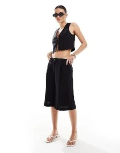 Mango Linen Mix Tie Front Waistcoat & Trousers Co-ord Set In Black