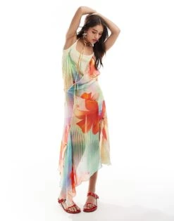 Mango X Siedres Flower Print Aysmmetric Hem Dress In Light Blue For Women