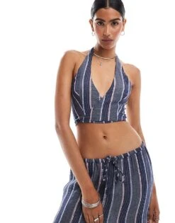 Mango Halterneck Stripe Waistcoat And Tie Waist Straight Leg Trousers Set In Purple -Mango Sales 206983040 1 purple