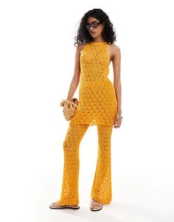 Mango Longline Crochet Top And Straight Leg Trousers Co-ord Set In Orange